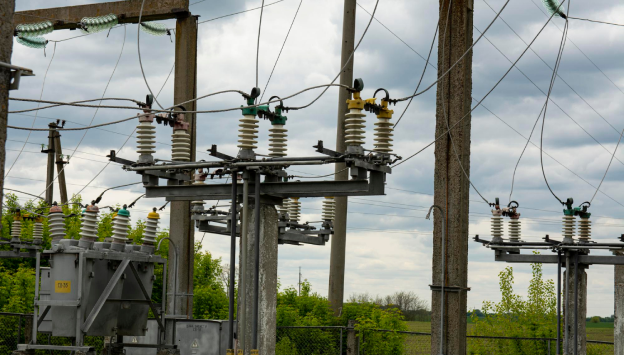 High Voltage Power Transformer Substation Electric Network Near Village Ukraine Closeup Transformer Elements 1